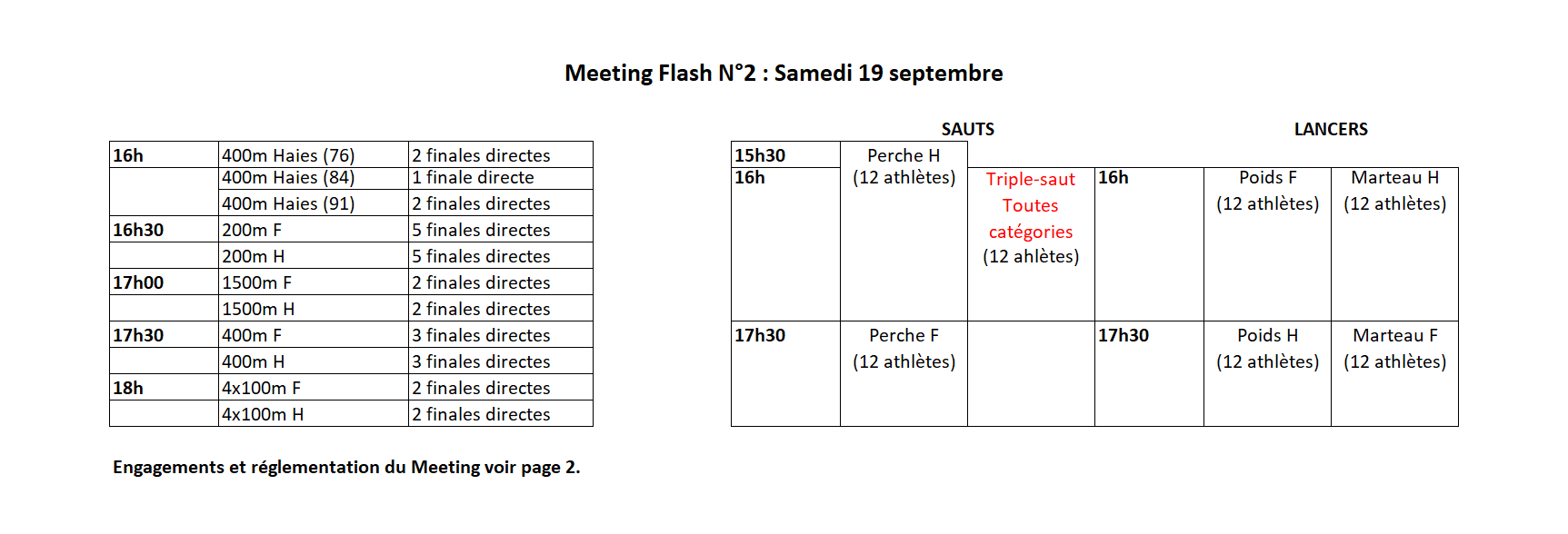 Horaires modifiés meeting flash RCN 19 09 20