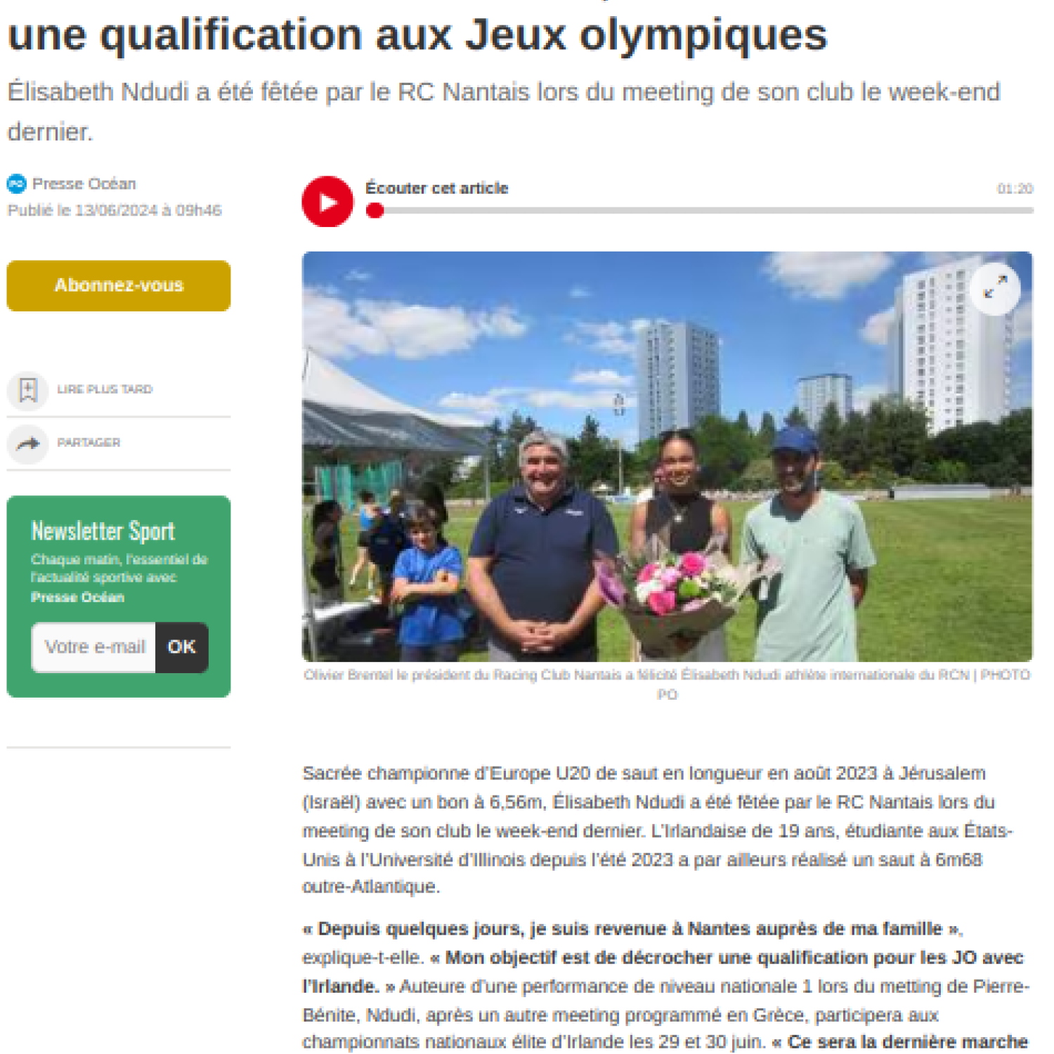 Ouest France 13/06/2024 : Elisabeth Ndudi vise une qualification aux Jeux Olympiques