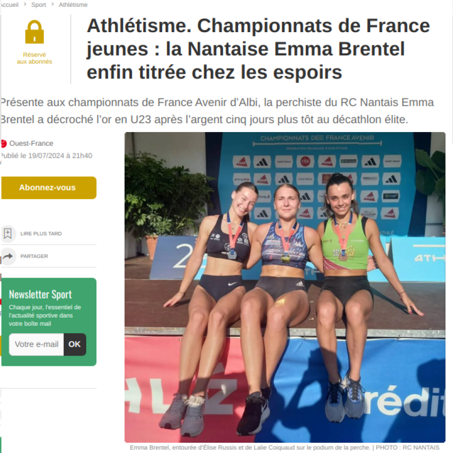 Ouest France 19/07/2024, Championnats de France jeunes : la Nantaise Emma Brentel enfin titrée chez les espoirs