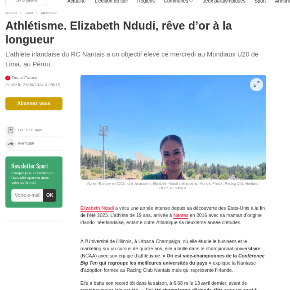 Ouest France 27/08/2024 : Elizabeth Ndudi, rêve d’or à la longueur