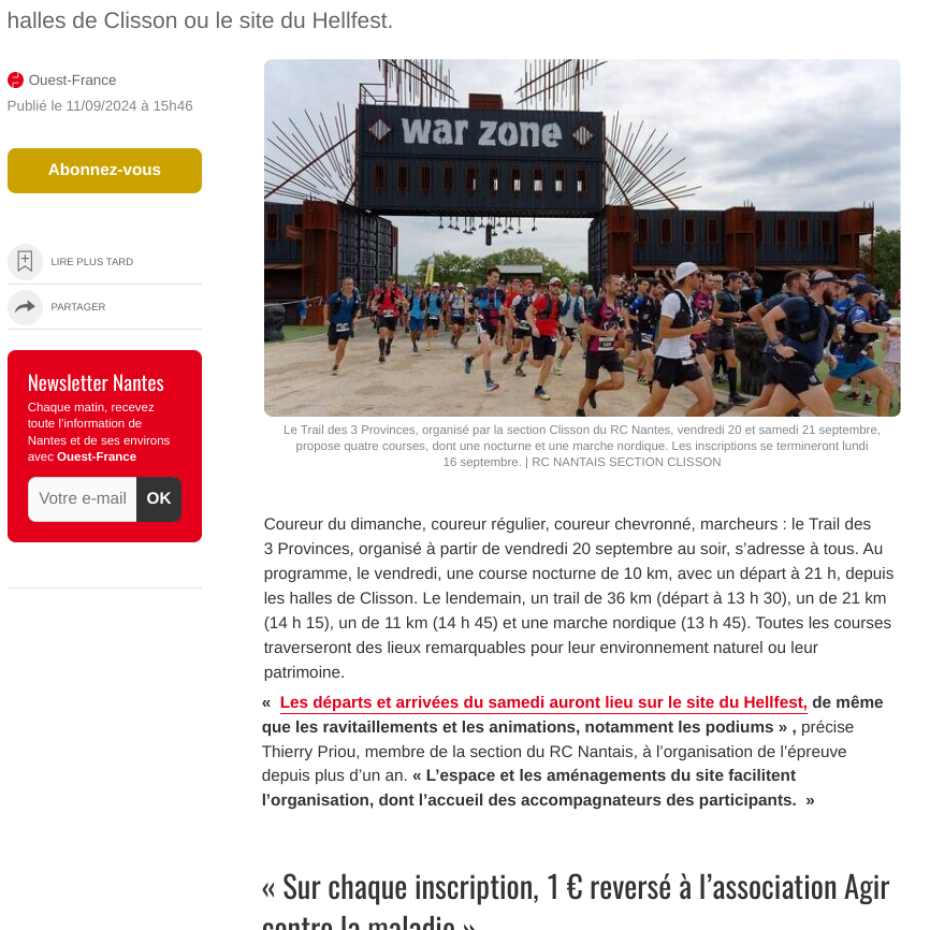 Ouest France 11/09/2024 : Trail des 3 provinces