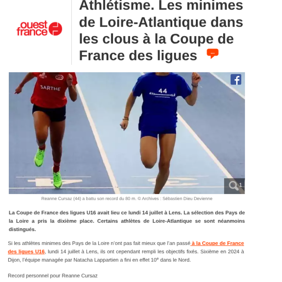 Ouest France 14/07/2025 : Les minimes de Loire-Atlantique dans les clous à la Coupe de France des ligues