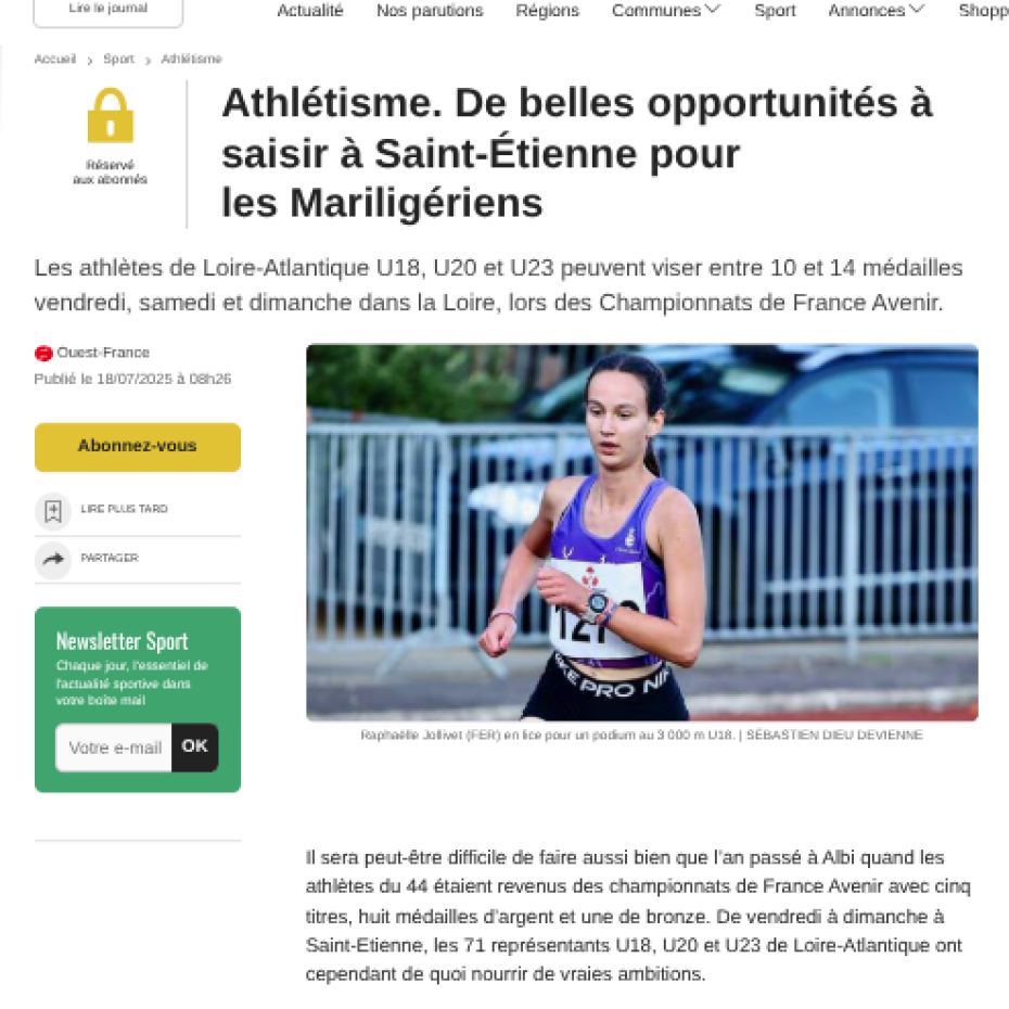Ouest France 18/07/2025 : De belles opportunités à saisir à Saint-Étienne pour les Mariligériens