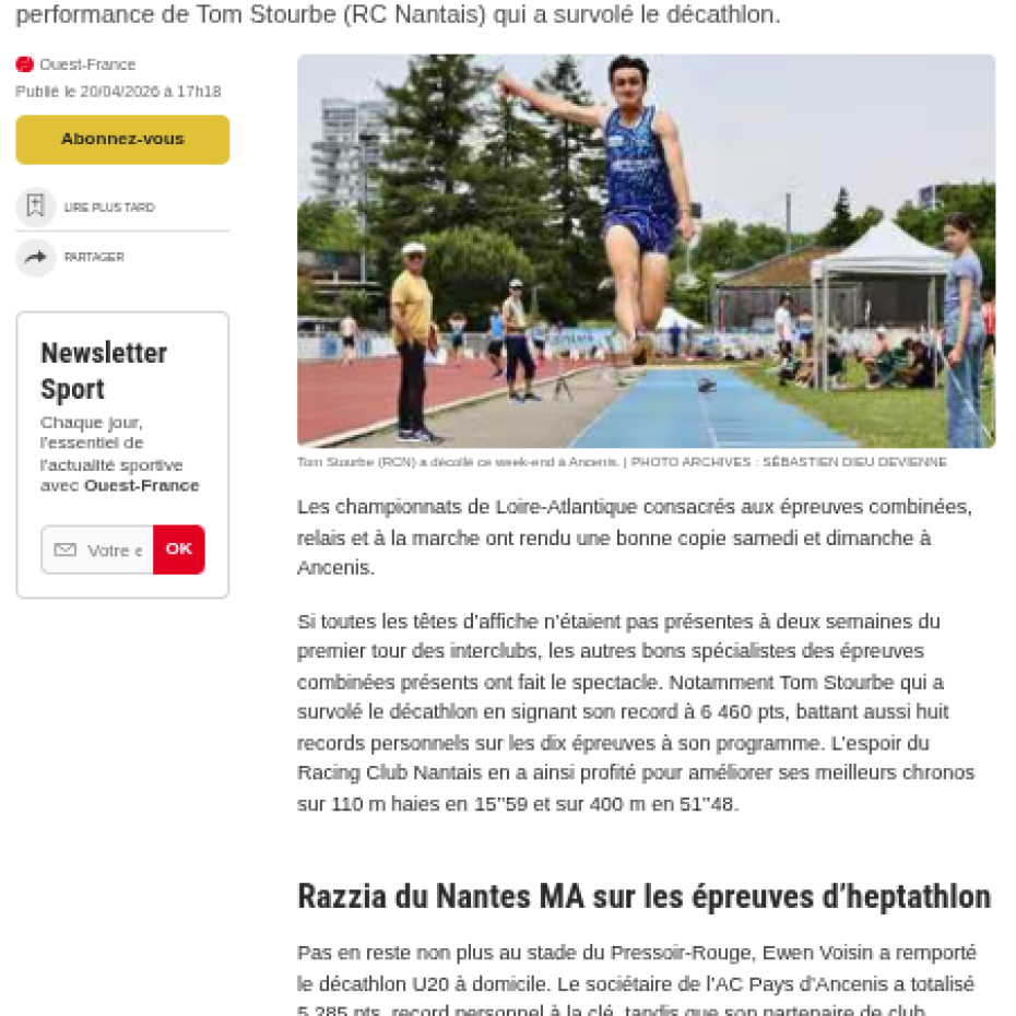 Ouest France 20/04/2026 : De bonnes performances lors des Départementaux à Ancenis