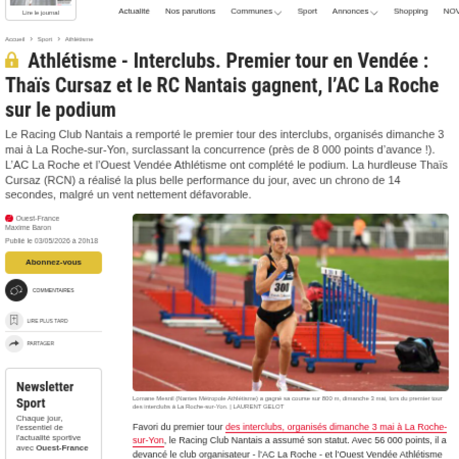 Ouest France 03/05/2026 : Interclubs. Premier tour en Vendée : Thaïs Cursaz et le RC Nantais gagnent, l’AC La Roche sur le podium