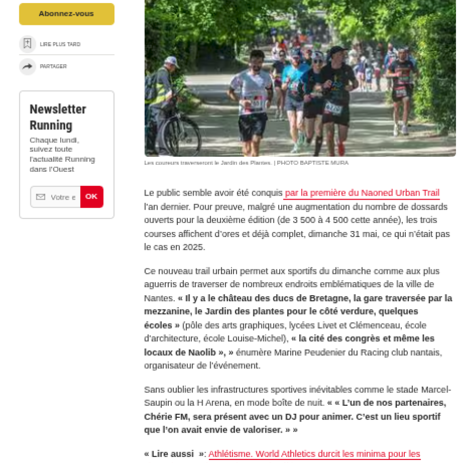 Ouest France 30/05/2026 : Le Naoned Urban Trail lance sa deuxième édition