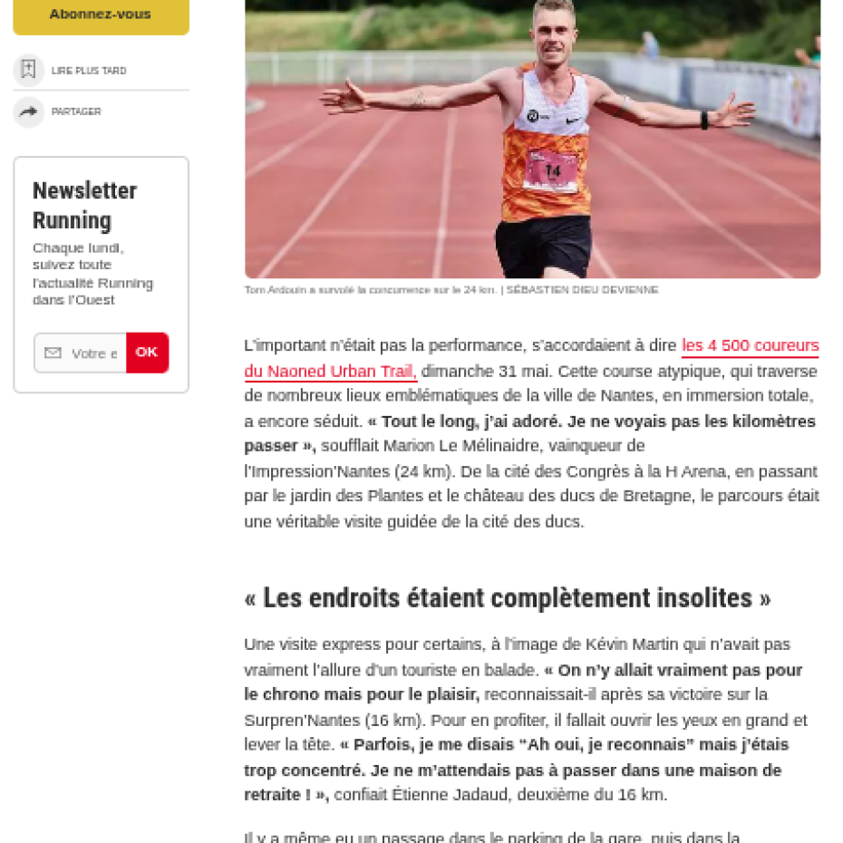 Ouest France 31/05/2026 : Tom Ardouin trop fort, le Naoned Urban Trail a encore séduit