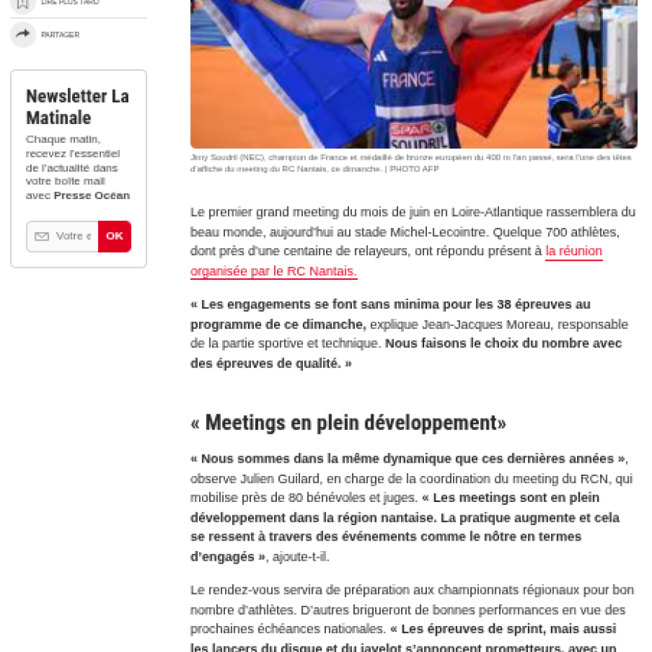 Ouest France 06/06/2026 : « Le choix du nombre avec des épreuves de qualité » :  700 athlètes en lice au meeting du RC Nantais