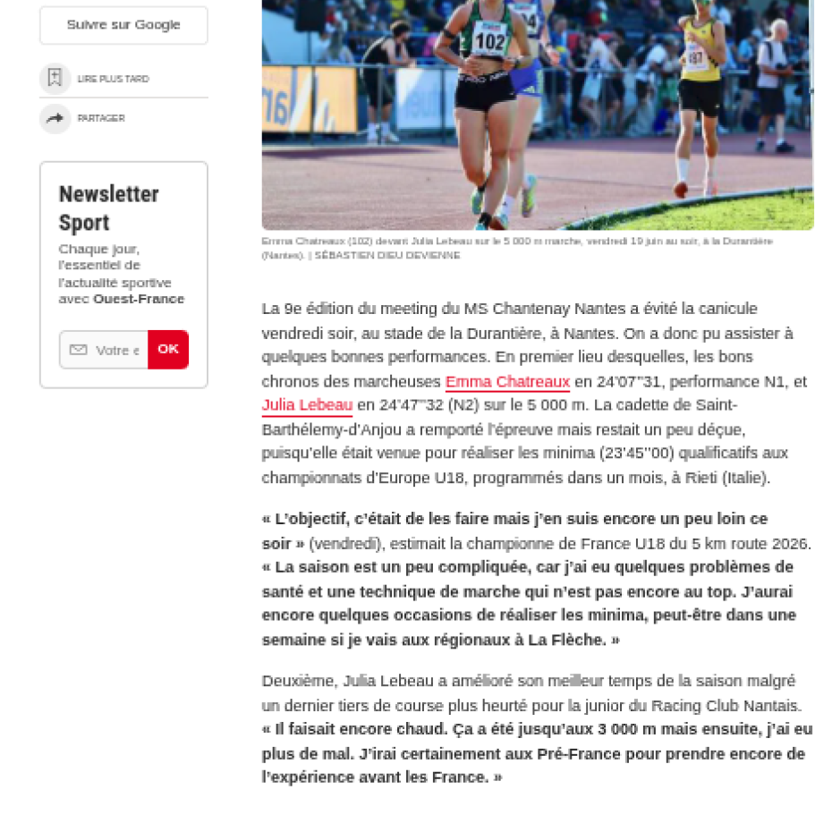 Ouest France 20/06/2026 : Emma Chatreaux et Julia Lebeau la marche en avant