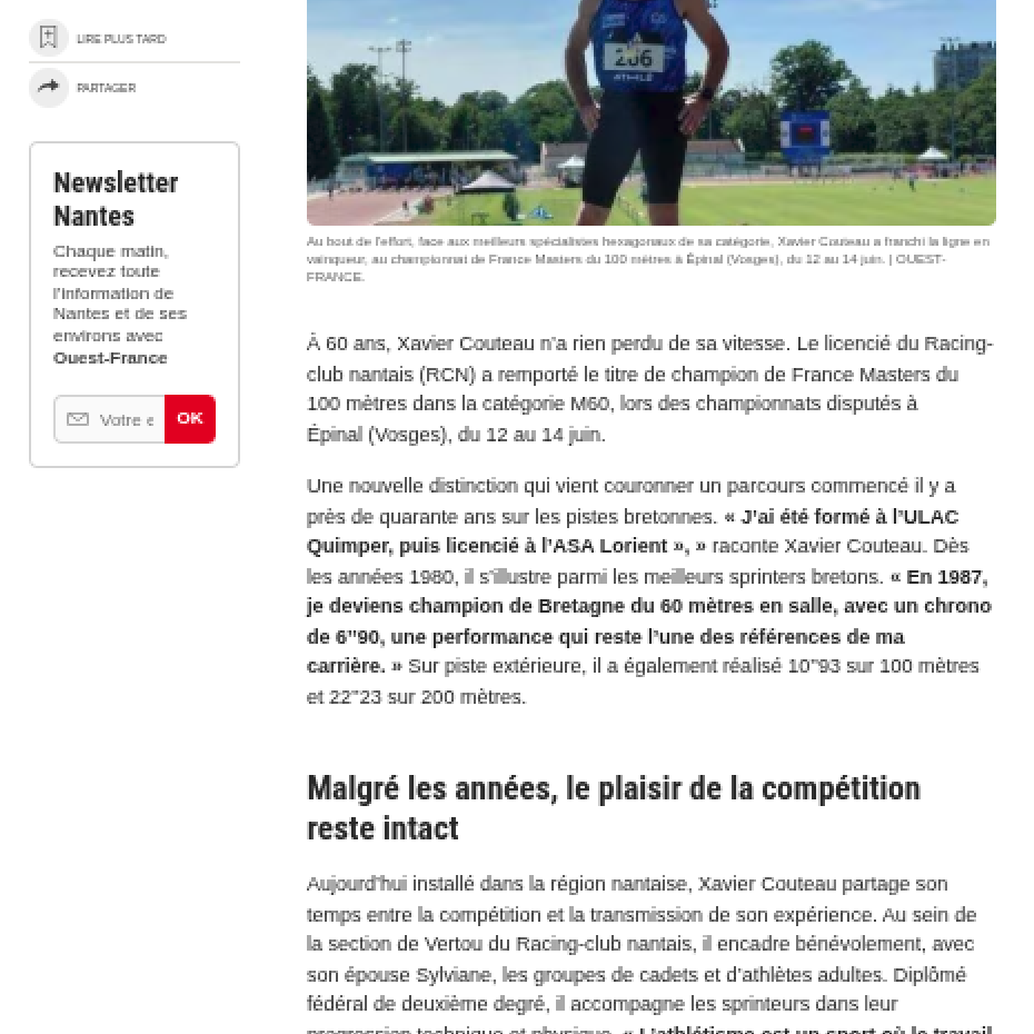 Ouest France 21/06/2026 : « En athlétisme, le travail finit toujours par payer » : à 60 ans, le sprinter Xavier Couteau champion de France