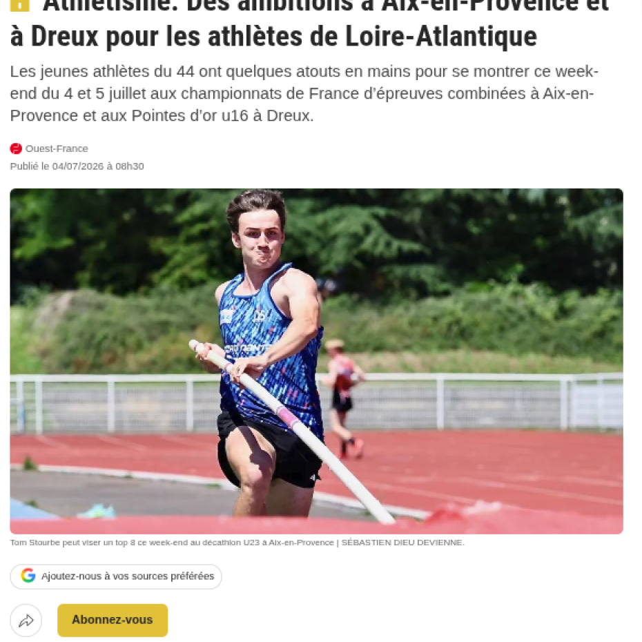 Ouest France 04/07/2026 : Des ambitions à Aix-en-Provence et à Dreux pour les athlètes de Loire-Atlantique