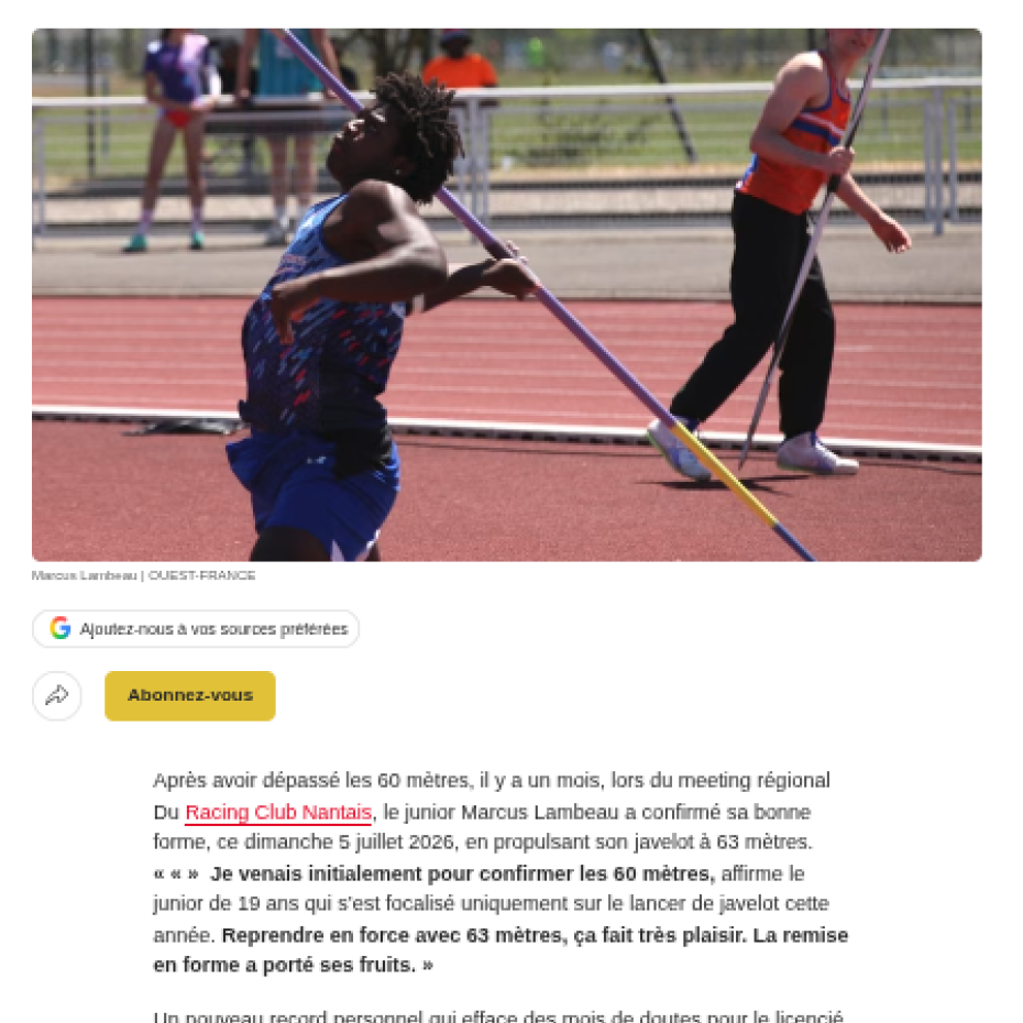 Ouest France 05/07/2026 : Pré-France à Laval. Marcus Lambeau : « La remise en forme a porté ses fruits. »