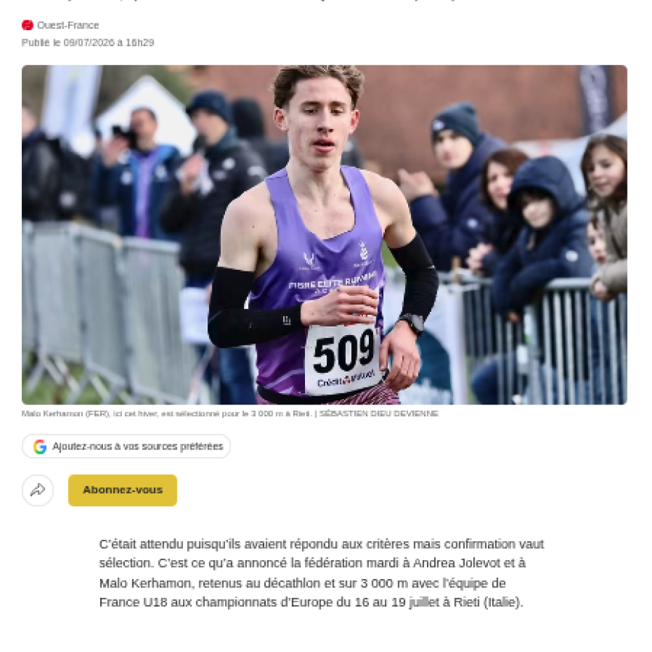 Ouest France 09/07/2026 : Andrea Jolevot et Malo Kerhamon retenus avec l’équipe de France pour les championnats d’Europe U18