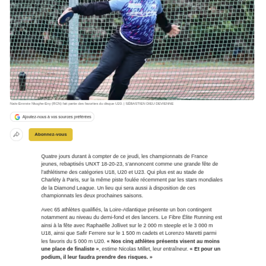Ouest France 16/07/2026 : Le 44 peut miser sur ses points forts aux championnats de France jeunes