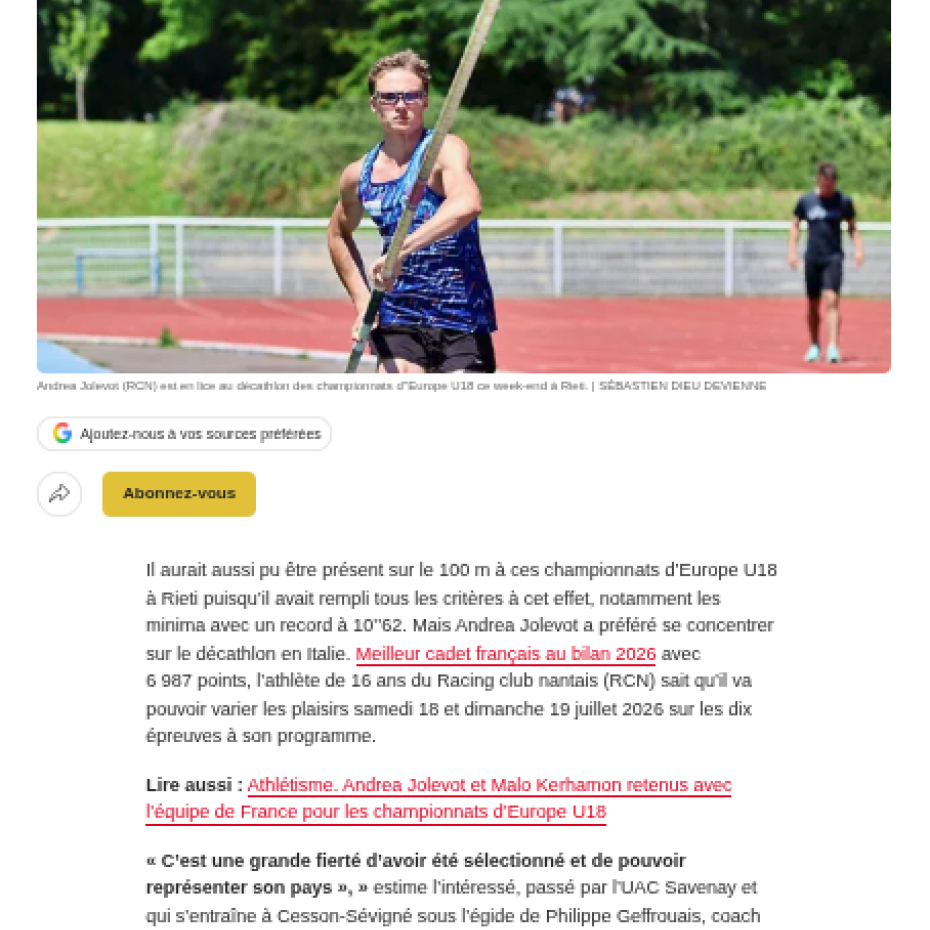 Ouest France 17/07/2026 : Le décathlonien Andrea Jolevot veut s’éclater aux championnats d’Europe, en Italie