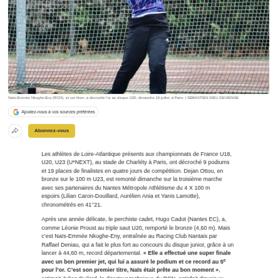 Ouest France 19/07/2026 : Championnats France Jeunes : Naïs-Emmée Nkoghe-Eny en tête de proue